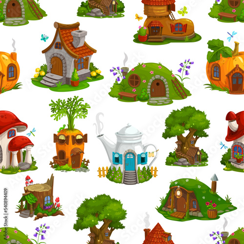 Fairy houses seamless pattern, carrot and kettle or boot with pumpkin and fly agaric mushroom on vector background. Cartoon pattern of dwarf homes and elf houses or dwellings in tree stump and oak