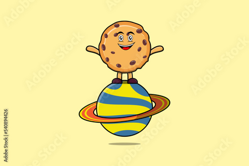 Cute cartoon Biscuits character standing in planet vector icon illustration