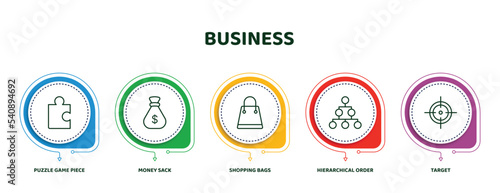 editable thin line icons with infographic template. infographic for business concept. included puzzle game piece, money sack, shopping bags, hierarchical order, target icons.