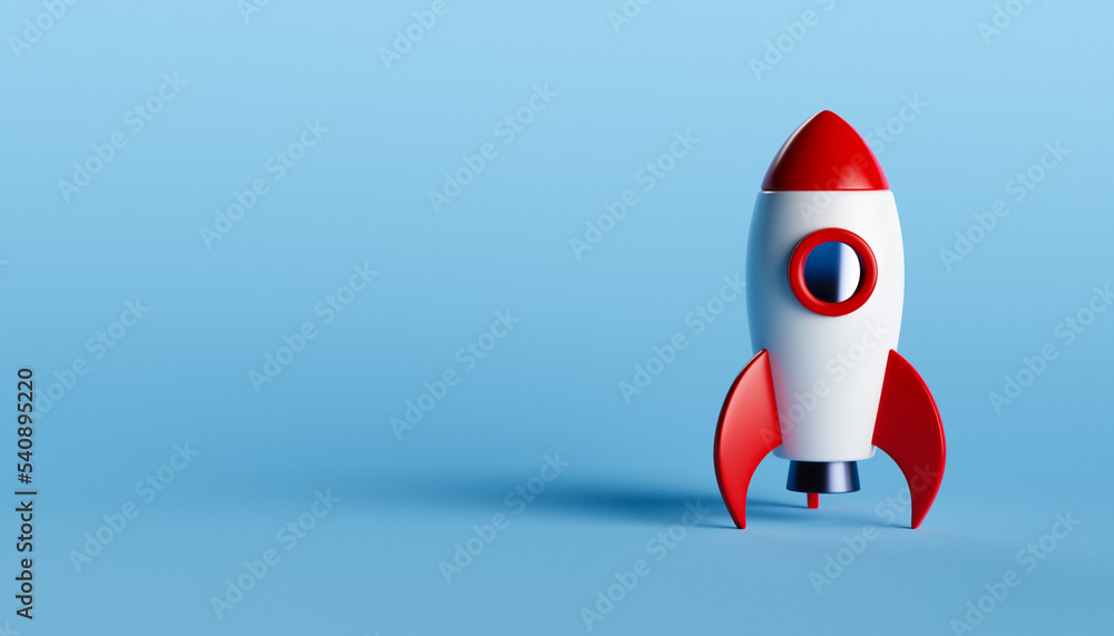 Small red and white toy rocket standing on blue background.3d rendering of spaceship ready to take off Small red and white toy rocket standing on blue background.3d rendering of spaceship ready to take off