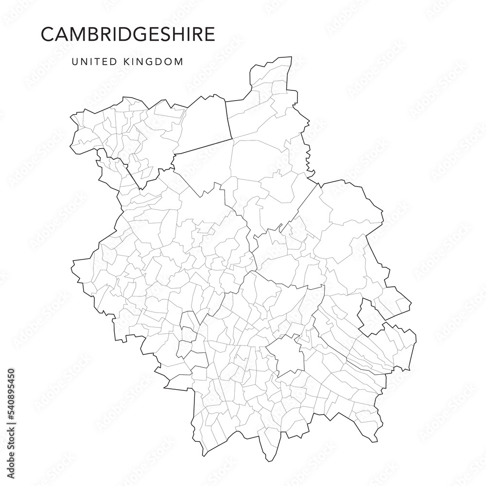 Administrative Map of Cambridgeshire with Counties, Districts and Civil Parishes as of 2022 - United Kingdom, England - Vector Map
