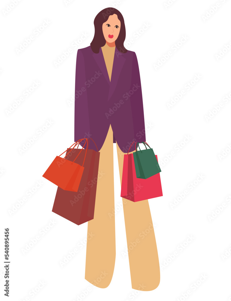 Woman with shopping bags. Shopping concept. Flat vector illustration