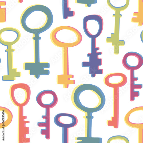 Seamless pattern with multi-colored keys located in the same direction. Pattern with keys for children's fabric. Flat vector illustration.