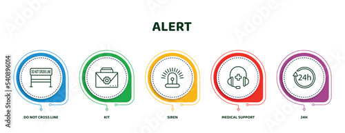 editable thin line icons with infographic template. infographic for alert concept. included do not cross line, kit, siren, medical support, 24h icons.