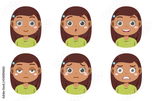 Collection of face expressions cute children cartoon character design. Different emotions girl Vector illustration. Face of smiling, crying, anger, surprise, indifferent isolated on white background.