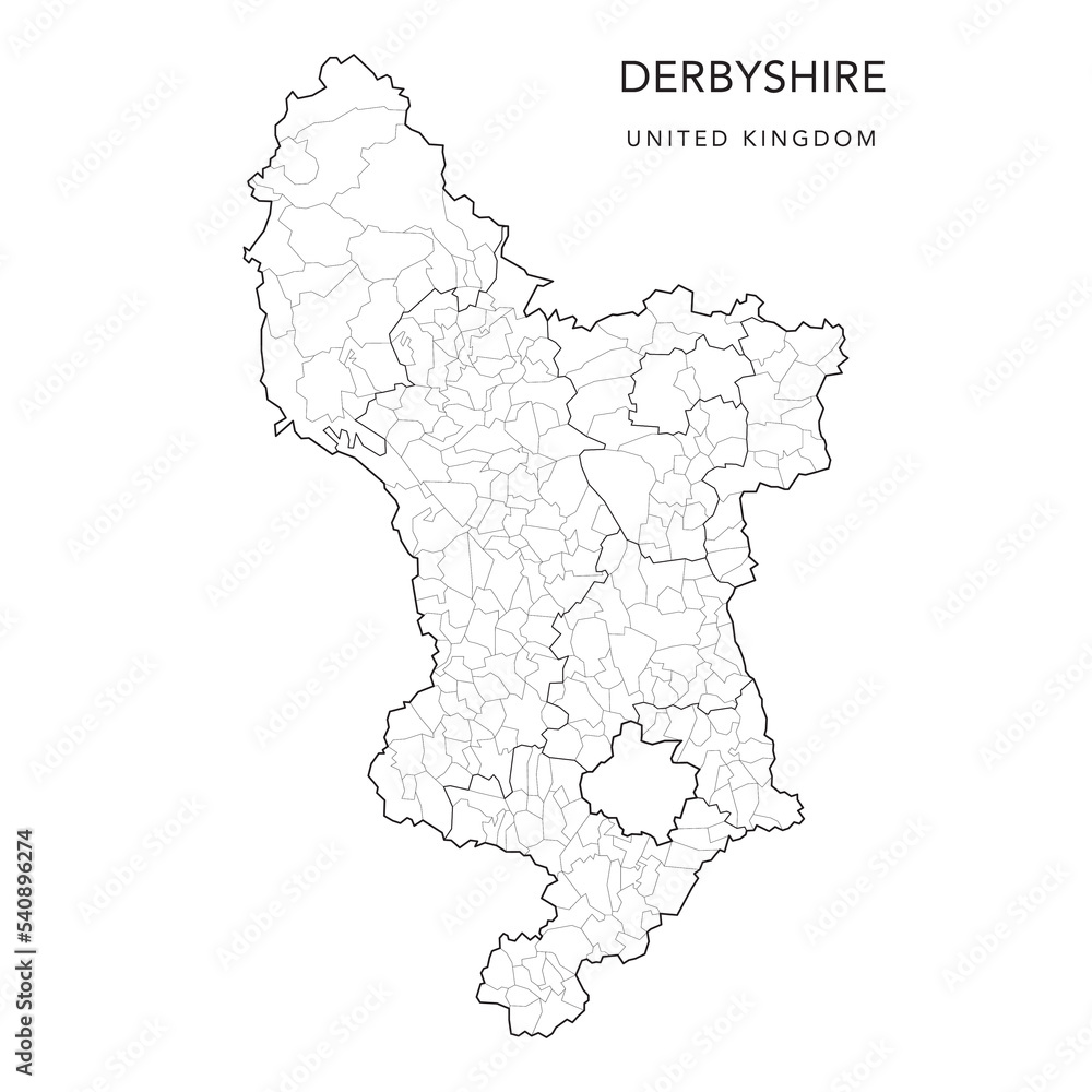 Administrative Map of Derbyshire with Counties, Districts and Civil Parishes as of 2022 - United Kingdom, England - Vector Map