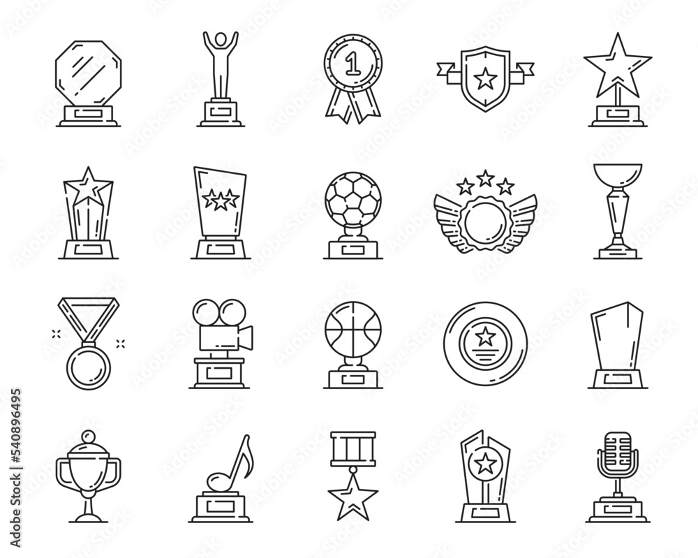 Line award trophy icons, cups and winner prize goblets, vector best first place symbols. Award cups and trophy goblet icons of sport game champion, number one medals in music or cinematography Line award trophy icons, cups and winner prize goblets, vector best first place symbols. Award cups and trophy goblet icons of sport game champion, number one medals in music or cinematography