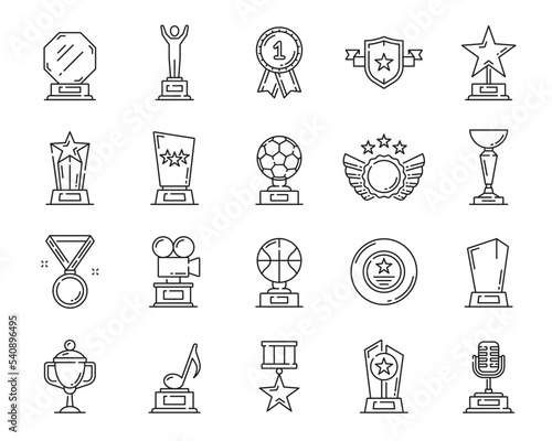 Line award trophy icons, cups and winner prize goblets, vector best first place symbols. Award cups and trophy goblet icons of sport game champion, number one medals in music or cinematography