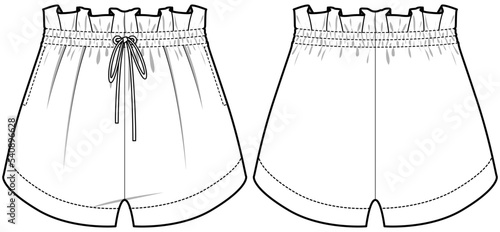womens drawstring paper bag waist shorts flat sketch vector illustration front and back view technical cad drawing template.