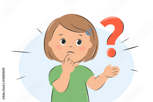 Little girl with question mark. Knowledge and education concept. Vector illustration