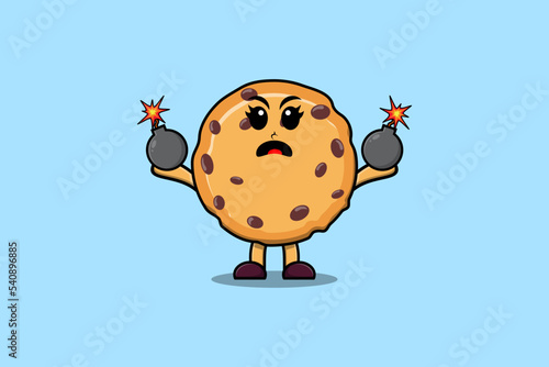 Cute cartoon Biscuits holding bomb with scared expression in flat modern style design