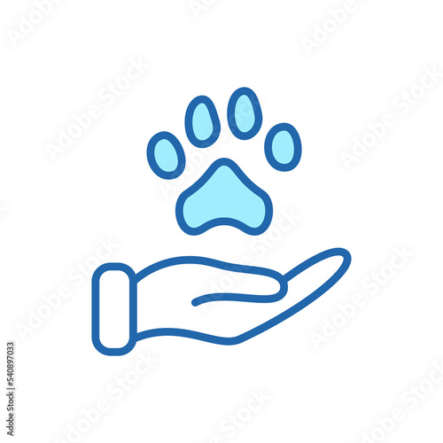 Animal Paw and Human Hand Linear Icon. Animal Donation, Care and Protection concept. Adoption of Pets, Shelter, Charity Line Icon. Animal welfare Pictogram. Editable Stroke. Vector illustration