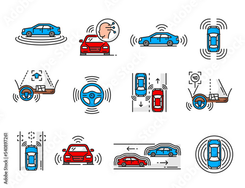 Driverless car and vehicle icons. Automobile autopilot and autonomous auto and car driving safety technology line symbols. Driverless vehicle steering wheel, radar interface outline vector icons