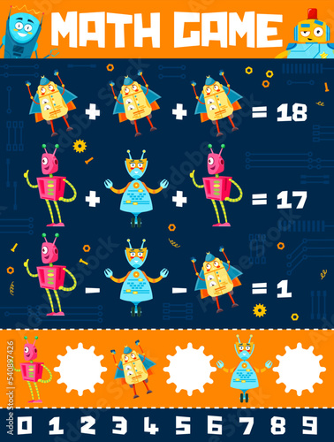Cartoon robots and droids math game worksheet. Educational vector maze, puzzle for numeracy and mathematics skills development with funny cyborgs characters, education quiz for kids learn counting