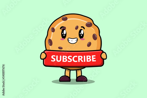 Cute cartoon Biscuits character holding red subscribe board