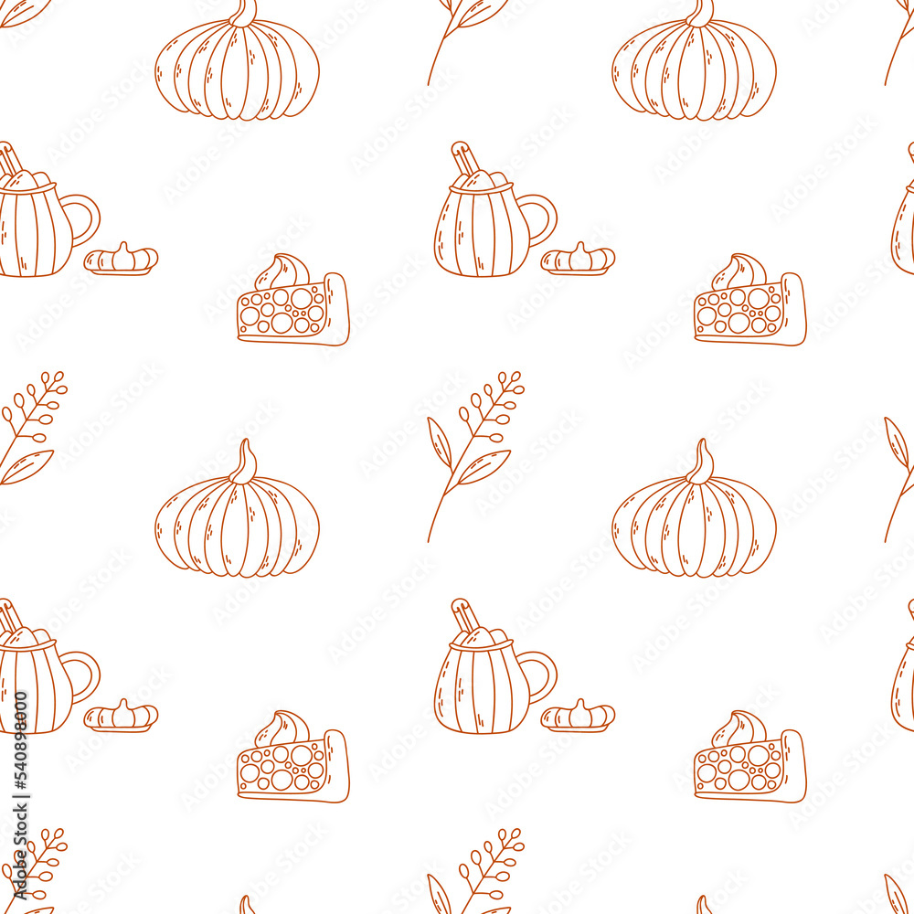 Apple crumble, cup with marshmallow and cinnamon, pumpkin and autumn branch. Vector outline seamless pattern for packaging, wrapping paper.