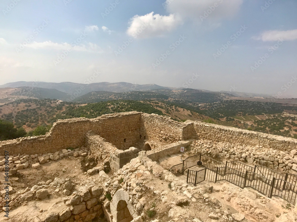 Ajloun, Jordan, November 2019 - ruins of the fortress on the horizon