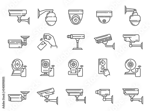 CCTV icons, camera for security surveillance and video control, vector line symbols. CCTV surveillance camera icons of secure guard video monitoring, home safety system, police and private area cam
