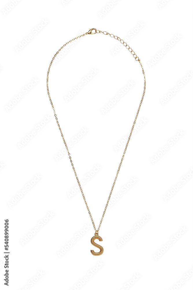 Detail shot of a metal golden necklace made out of a chain with a dangling pendant with a letter Detail shot of a metal golden necklace made out of a chain with a dangling pendant with a letter