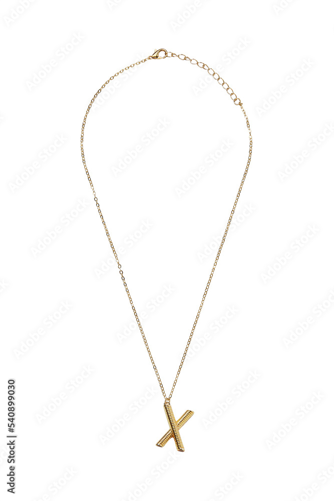 Detail shot of a metal golden necklace made out of a chain with a dangling pendant with a letter Detail shot of a metal golden necklace made out of a chain with a dangling pendant with a letter