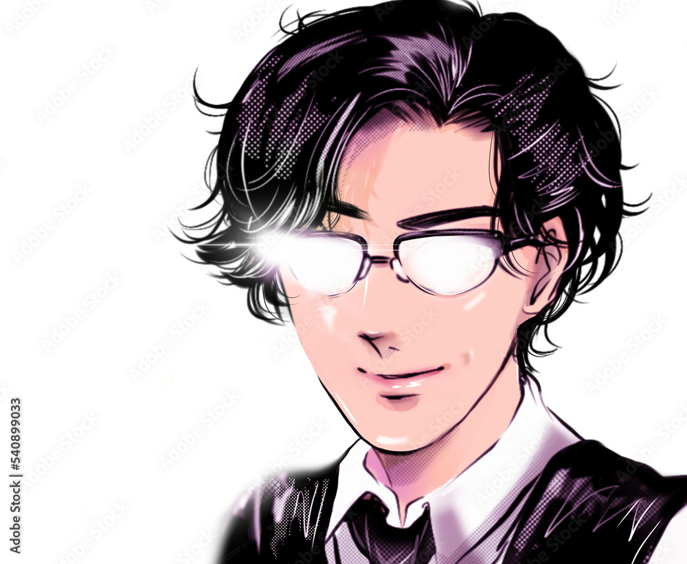 怪しみ目を光らせ不気味にほくそ笑むネクタイ姿の黒髪パーマでメガネをかけた若いイケメン男性 怪しみ目を光らせ不気味にほくそ笑むネクタイ姿の黒髪パーマでメガネをかけた若いイケメン男性