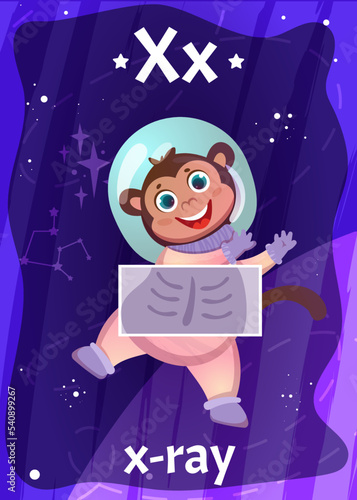 Printable space alphabet flashcard with letter X. Cartoon x-ray of animal astronaut in cosmos and english word name on flash card for children education. Kid cards for teaching reading in preschool.