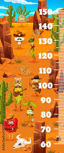 Kids height chart ruler. Cartoon cowboy, sheriff and robber vegetable characters. Kids growth meter, height measure vector ruler scale with mushroom, pea and corn, potato, olive, kohlrabi personages