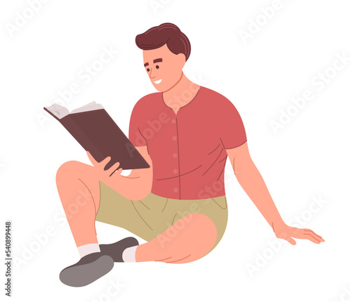 Happy man reading a book sitting on the floor. Education hobby concept. Vector illustration 
