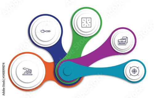 editable outline icons with infographic template. infographic for tools and utensils concept. included clocks, large spoon, briefcase and document, hole puncher, target circles icons. photo