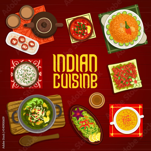 Indian cuisine menu cover with vector frame of spice food, vegetable and meat curry, milk dessert and duck rice biryani. Saffron shrimp and almond soups, tandoori chicken and veggie salads