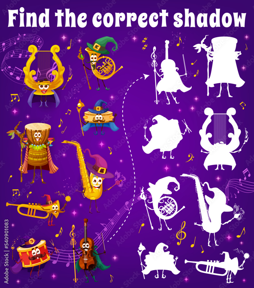 Find the correct shadow of wizard and fairy musical instrument characters between sounds and music waves. Similarity search game vector worksheet with lyre, horn and drum, saxophone, trumpet, violin Find the correct shadow of wizard and fairy musical instrument characters between sounds and music waves. Similarity search game vector worksheet with lyre, horn and drum, saxophone, trumpet, violin