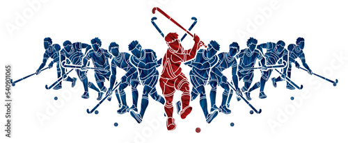 Field Hockey Sport Male Players Action Cartoon Graphic Vector