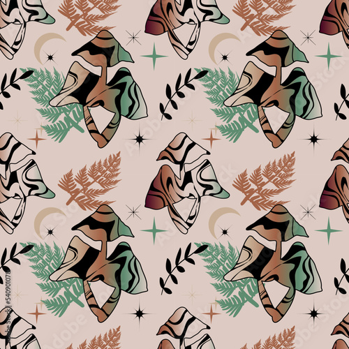 Alchemy celestial seamless pattern with mushrooms and ferns. Enchanted forest background with space stars, crescent, and herbs.