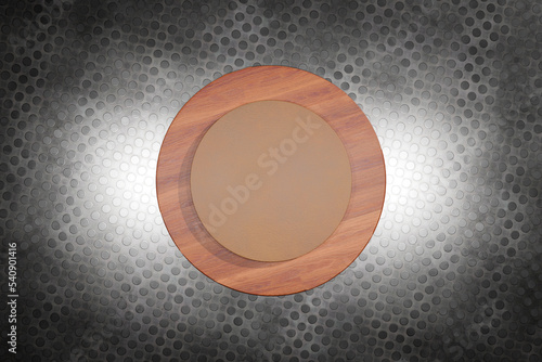 Light coloured leather and darker wood platter round stage on top of dark metal counter. Marketing template for luxury, jewellery or beauty products. Top down view.