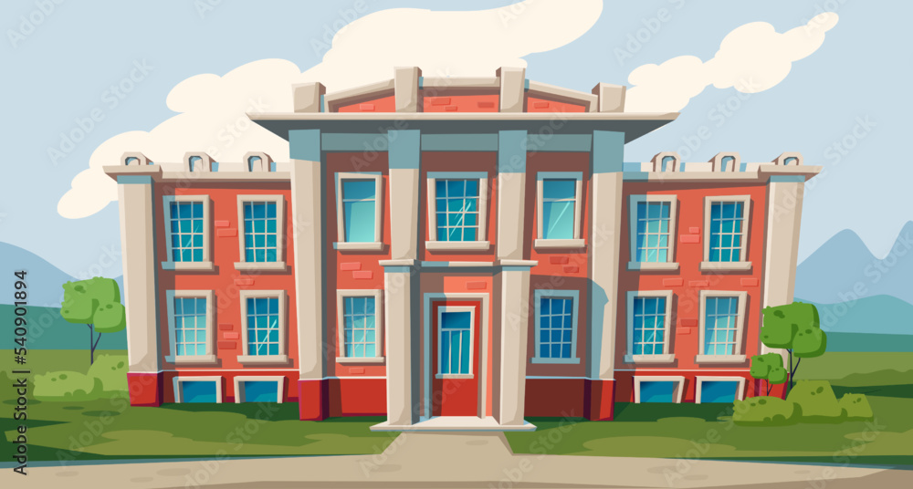Vector cartoon illustration. School building on a city scape background. Educalion and learning.