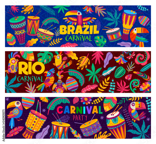 Brazilian Rio carnival party banners. Cartoon toucan and parrot birds, drums, flowers and tropical palm leaves. Vector samba dance and music festival, Rio de Janeiro carnival, national holiday posters