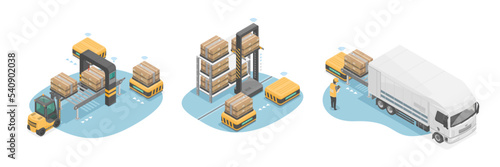 smart warehouse visual concept heavy cargo robot carry for iot shipping and business system or big logistics smart factory isometric isolate vector