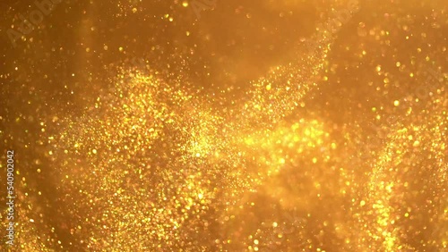 Waves of golden particles. Small particles of gold shiny glitter in the form of moving waves. Luxurious pattern. Real gold flying dust particles. Abstract motion background. 