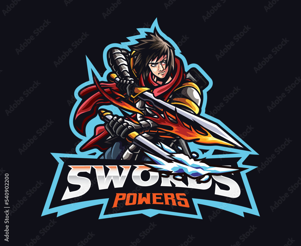 Warrior design logo mascot with fire and ice swords