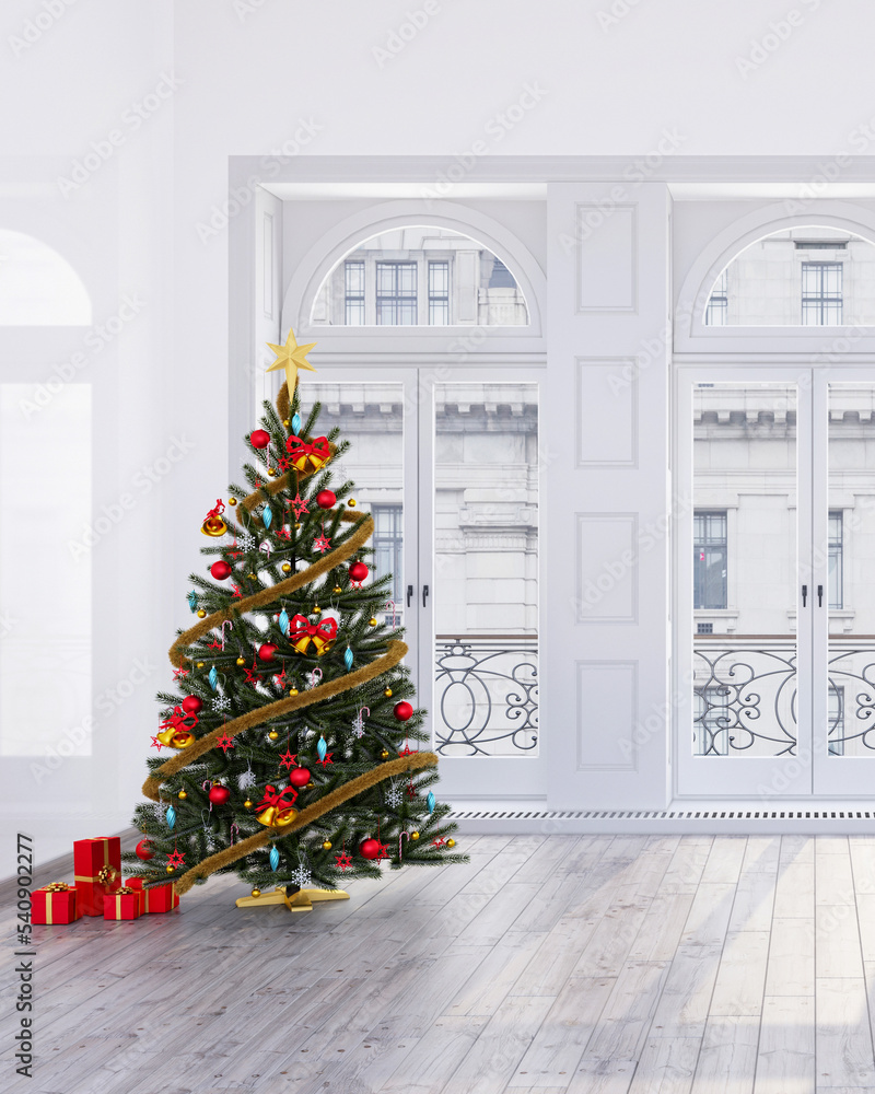 Christmas tree with red and gold ornaments and red gift boxes in front of three white windows in a room 3d rendering.