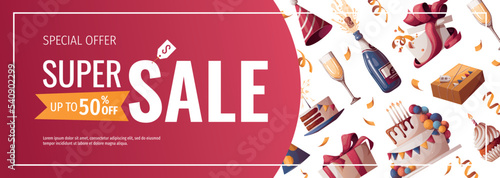 Birthday promo banner with cake, champagne, cupcake, gifts, caps, confetti. Birthday party, celebration, holiday, event, festive concept. Vector illustration. Banner, flyer, advertising.