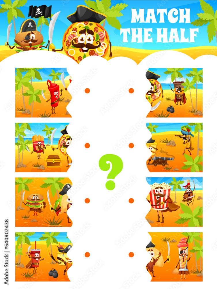 Fototapeta premium Match the half of cartoon pirates fastfood characters on treasure island, kids game worksheet. Vector quiz with matching of piratess and sailors as pizza, burger, french fries, hot dog and soda drink