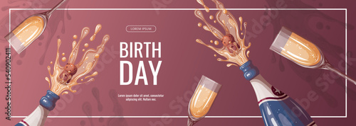 Birthday promo sale flyer with champagne and glasses. Birthday party, celebration, holiday, event, festive, congratulations concept. Vector illustration. Banner, flyer, advertising.