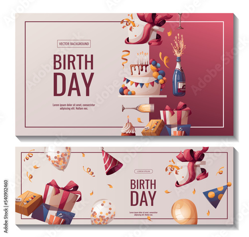 Set of Birthday promo sale banners with cake, champagne, cupcake, gifts, caps, confetti. Birthday party, celebration, holiday, event, festive concept. Vector illustration. Banner, flyer, advertising.