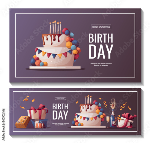 Set of Birthday promo sale banners with cake, champagne, cupcake, gifts, caps, confetti. Birthday party, celebration, holiday, event, festive concept. Vector illustration. Banner, flyer, advertising.