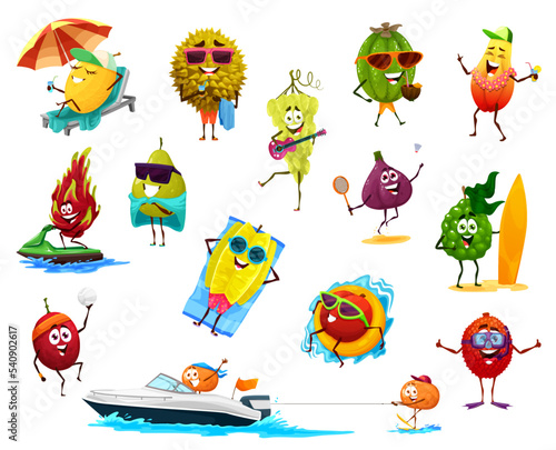 Cartoon cheerful tropical fruit characters on summer beach vacation, vector food emojis. Funny exotic berry personages of papaya, feijoa, peach and durian, lychee, grapes, dragon fruit and fig