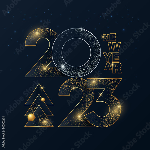 Happy New Year 2023 gold numbers typography greeting card design on dark background. Christmas invitation poster with golden glitter numeral