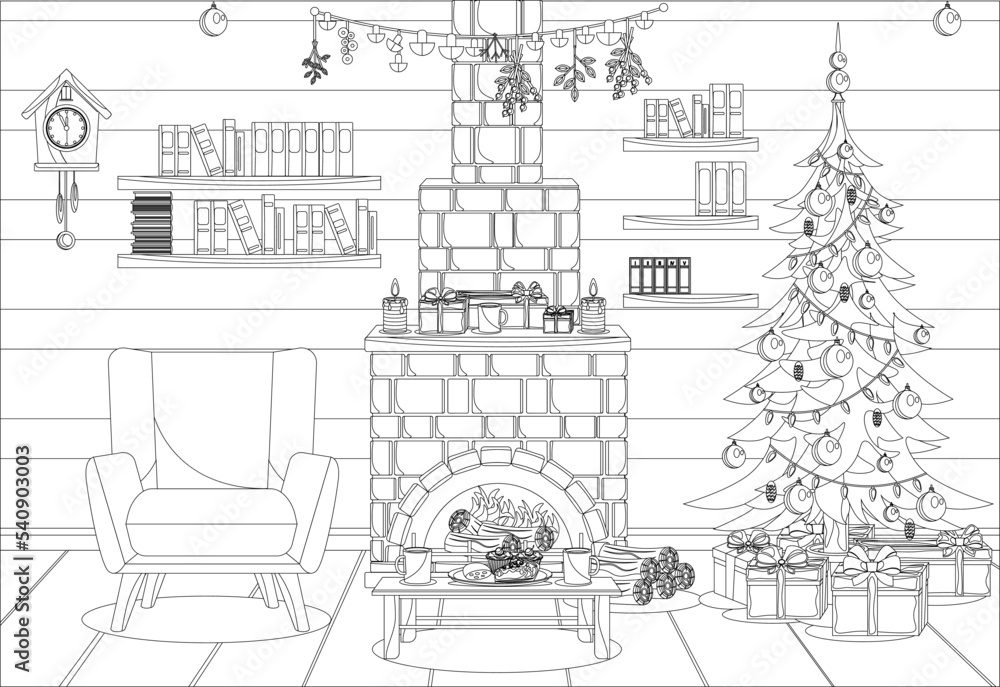 Fototapeta premium Coloring book for kids and adults in the form of a vector room prepared for the celebration of the new year and Christmas.