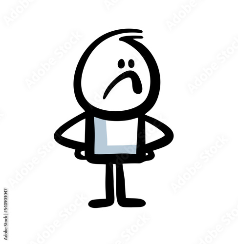 A disgruntled man stands with his hands on his hips.