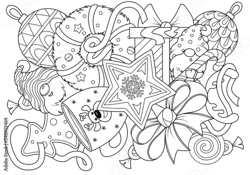 Wallpaper Mural Doodle coloring for children on the theme of Christmas with gnomes and Christmas toys. Funny elements of New Year holidays. Vector illustration Torontodigital.ca